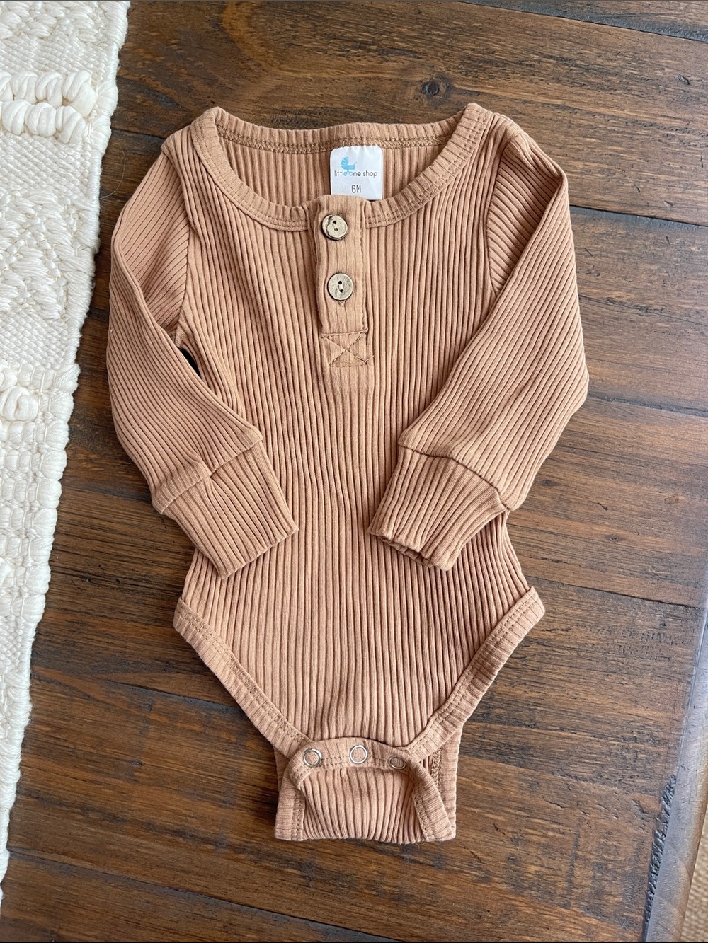 Ribbed Long-Sleeve Bodysuit in Brown - 6M